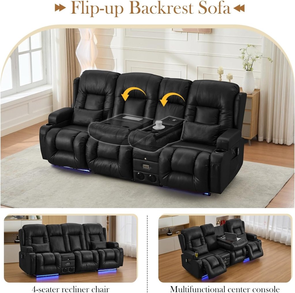 TUNYI Power Loveseat Recliner Sofa with Massage & Heat Home Theater Seating with Console Electric Recliner RV Sofa with USB/Outlet/Storage/Side Pocket/LED Light/Speaker (Brown, Loveseat) - Wigtrends