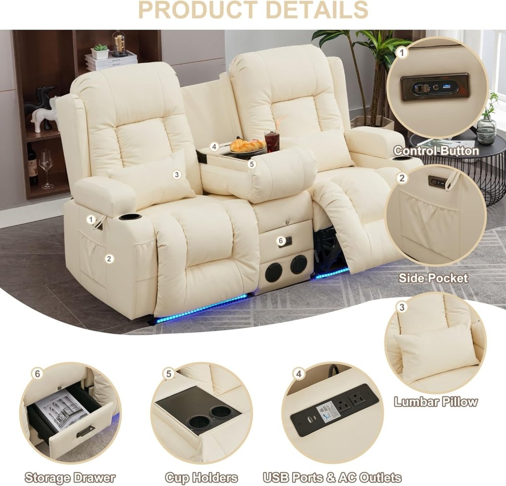 TUNYI Power Loveseat Recliner Sofa with Massage & Heat Home Theater Seating with Console Electric Recliner RV Sofa with USB/Outlet/Storage/Side Pocket/LED Light/Speaker (Brown, Loveseat) - Wigtrends