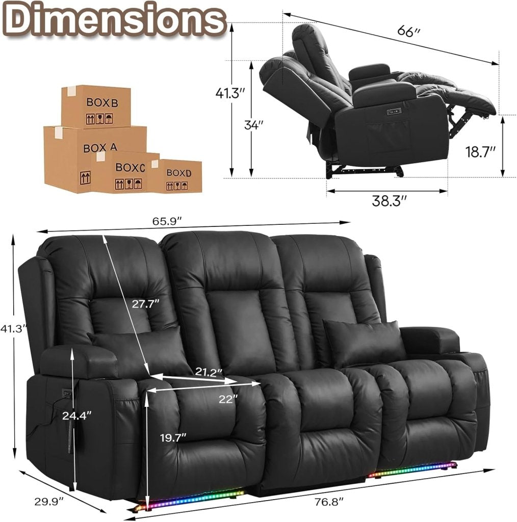 TUNYI Power Loveseat Recliner Sofa with Massage & Heat Home Theater Seating with Console Electric Recliner RV Sofa with USB/Outlet/Storage/Side Pocket/LED Light/Speaker (Brown, Loveseat) - Wigtrends