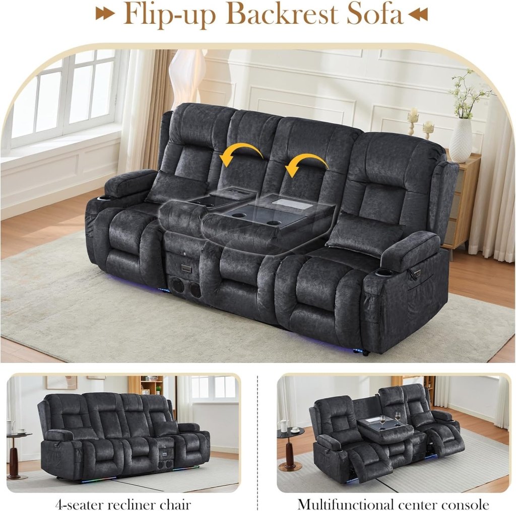 TUNYI Power Loveseat Recliner Sofa with Massage & Heat Home Theater Seating with Console Electric Recliner RV Sofa with USB/Outlet/Storage/Side Pocket/LED Light/Speaker (Brown, Loveseat) - Wigtrends