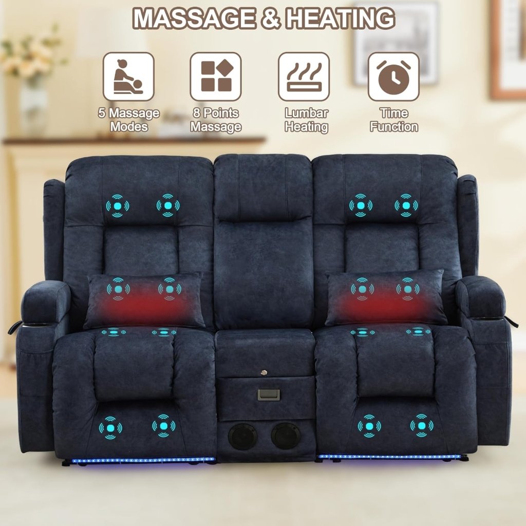 TUNYI Power Loveseat Recliner Sofa with Massage & Heat Home Theater Seating with Console Electric Recliner RV Sofa with USB/Outlet/Storage/Side Pocket/LED Light/Speaker (Brown, Loveseat) - Wigtrends