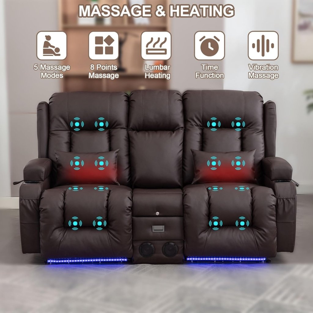 TUNYI Power Loveseat Recliner Sofa with Massage & Heat Home Theater Seating with Console Electric Recliner RV Sofa with USB/Outlet/Storage/Side Pocket/LED Light/Speaker (Brown, Loveseat) - Wigtrends