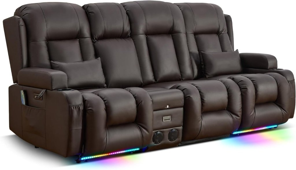 TUNYI Power Loveseat Recliner Sofa with Massage & Heat Home Theater Seating with Console Electric Recliner RV Sofa with USB/Outlet/Storage/Side Pocket/LED Light/Speaker (Brown, Loveseat) - Wigtrends