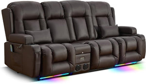 TUNYI Power Loveseat Recliner Sofa with Massage & Heat Home Theater Seating with Console Electric Recliner RV Sofa with USB/Outlet/Storage/Side Pocket/LED Light/Speaker (Brown, Loveseat) - Wigtrends