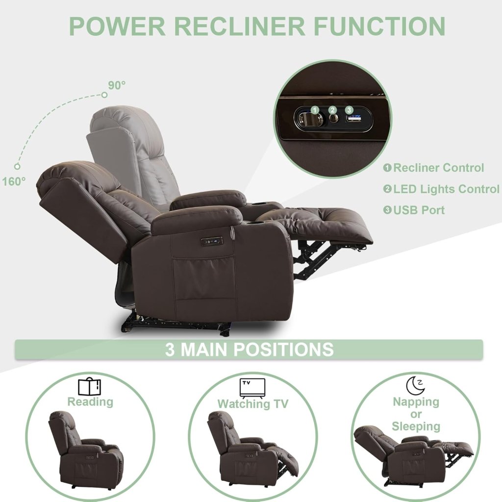 TUNYI Power Loveseat Recliner Sofa with Massage & Heat Home Theater Seating with Console Electric Recliner RV Sofa with USB/Outlet/Storage/Side Pocket/LED Light/Speaker (Brown, Loveseat) - Wigtrends