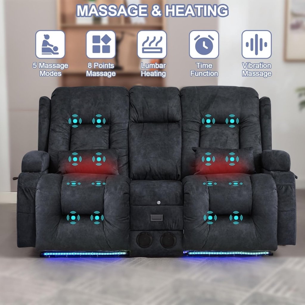TUNYI Power Loveseat Recliner Sofa with Massage & Heat Home Theater Seating with Console Electric Recliner RV Sofa with USB/Outlet/Storage/Side Pocket/LED Light/Speaker (Brown, Loveseat) - Wigtrends