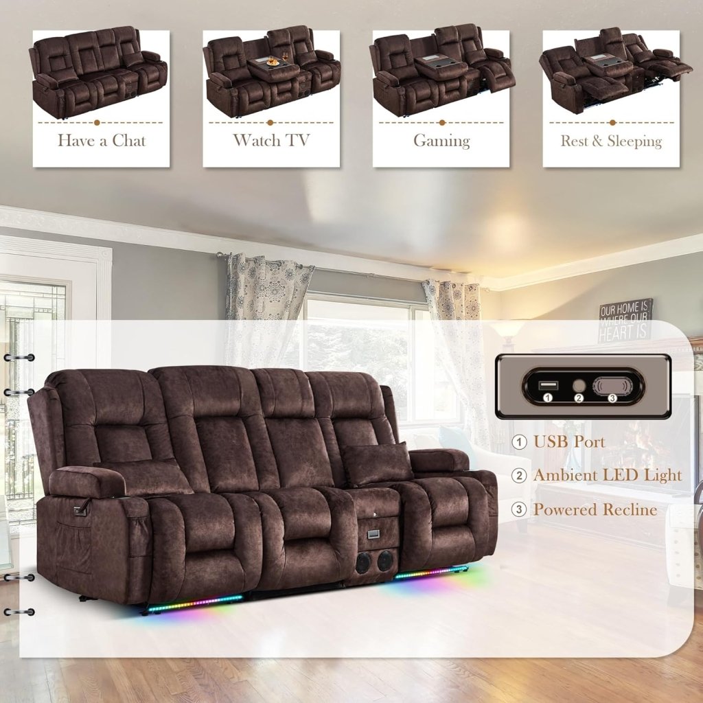 TUNYI Power Loveseat Recliner Sofa with Massage & Heat Home Theater Seating with Console Electric Recliner RV Sofa with USB/Outlet/Storage/Side Pocket/LED Light/Speaker (Brown, Loveseat) - Wigtrends