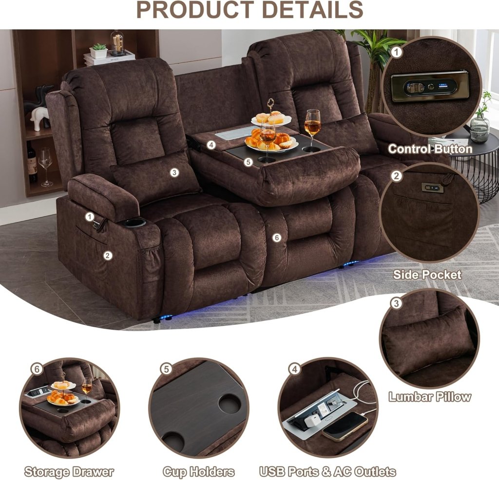 TUNYI Power Loveseat Recliner Sofa with Massage & Heat Home Theater Seating with Console Electric Recliner RV Sofa with USB/Outlet/Storage/Side Pocket/LED Light/Speaker (Brown, Loveseat) - Wigtrends