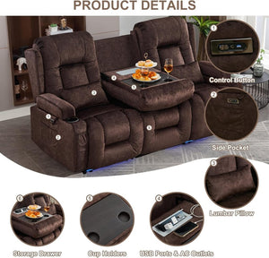 TUNYI Power Loveseat Recliner Sofa with Massage & Heat Home Theater Seating with Console Electric Recliner RV Sofa with USB/Outlet/Storage/Side Pocket/LED Light/Speaker (Brown, Loveseat) - Wigtrends