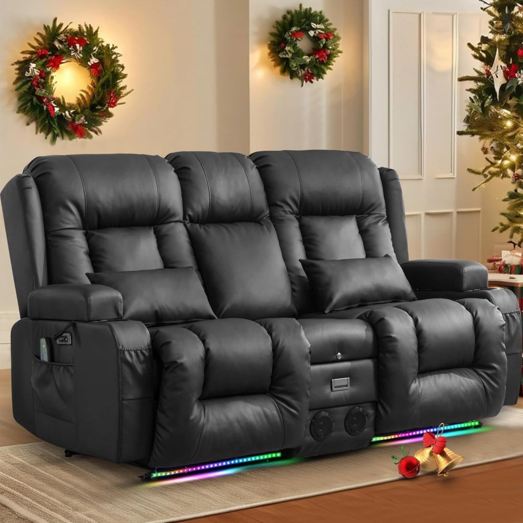 TUNYI Power Loveseat Recliner Sofa with Massage & Heat Home Theater Seating with Console Electric Recliner RV Sofa with USB/Outlet/Storage/Side Pocket/LED Light/Speaker (Brown, Loveseat) - Wigtrends