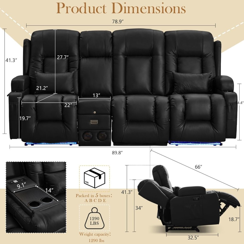 TUNYI Power Loveseat Recliner Sofa with Massage & Heat Home Theater Seating with Console Electric Recliner RV Sofa with USB/Outlet/Storage/Side Pocket/LED Light/Speaker (Brown, Loveseat) - Wigtrends