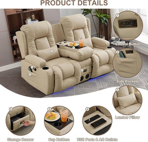 TUNYI Power Loveseat Recliner Sofa with Massage & Heat Home Theater Seating with Console Electric Recliner RV Sofa with USB/Outlet/Storage/Side Pocket/LED Light/Speaker (Brown, Loveseat) - Wigtrends