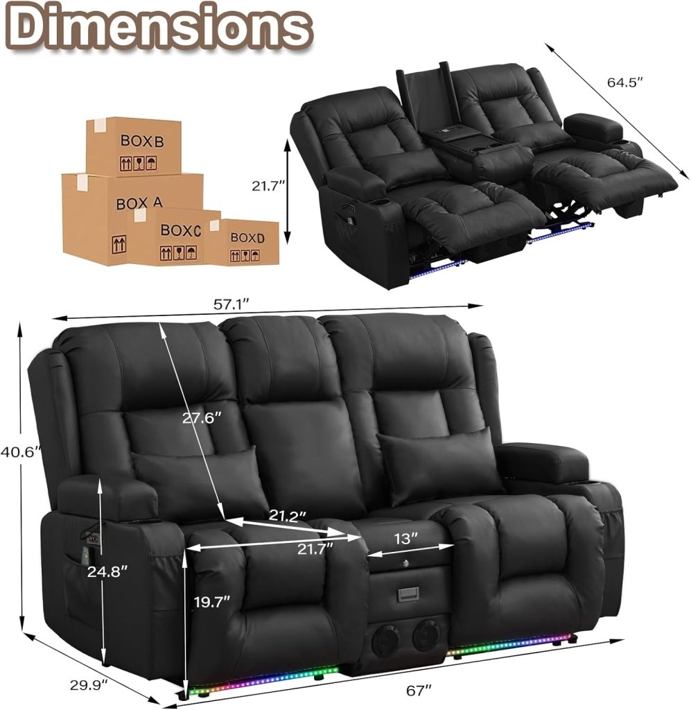 TUNYI Power Loveseat Recliner Sofa with Massage & Heat Home Theater Seating with Console Electric Recliner RV Sofa with USB/Outlet/Storage/Side Pocket/LED Light/Speaker (Brown, Loveseat) - Wigtrends