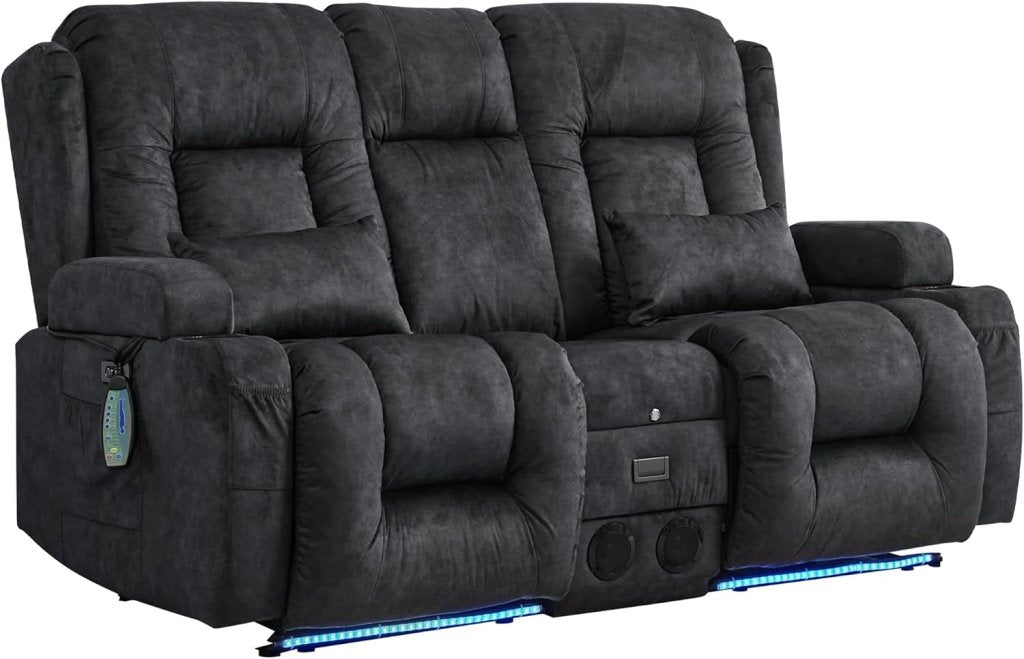 TUNYI Power Loveseat Recliner Sofa with Massage & Heat Home Theater Seating with Console Electric Recliner RV Sofa with USB/Outlet/Storage/Side Pocket/LED Light/Speaker (Brown, Loveseat) - Wigtrends