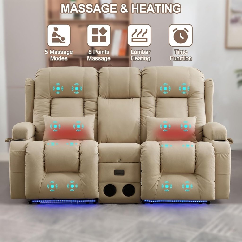 TUNYI Power Loveseat Recliner Sofa with Massage & Heat Home Theater Seating with Console Electric Recliner RV Sofa with USB/Outlet/Storage/Side Pocket/LED Light/Speaker (Brown, Loveseat) - Wigtrends