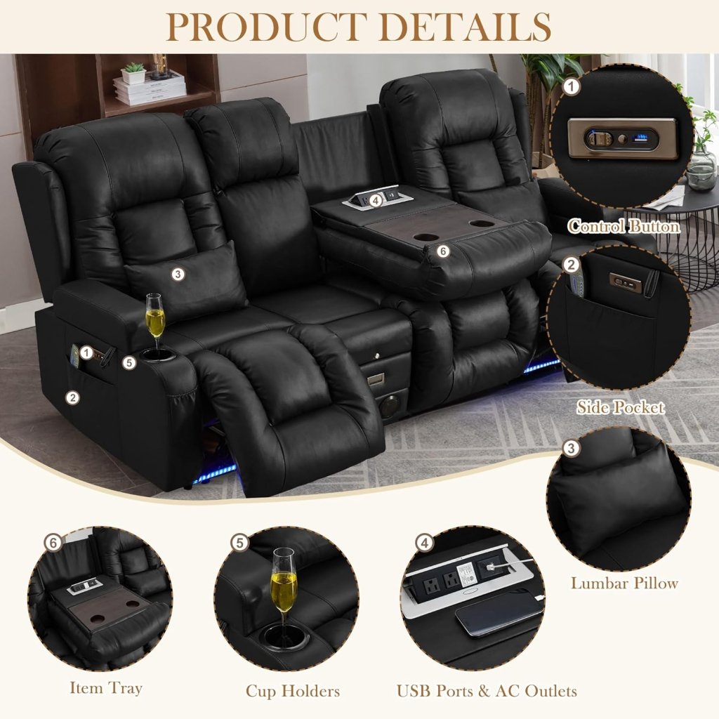 TUNYI Power Loveseat Recliner Sofa with Massage & Heat Home Theater Seating with Console Electric Recliner RV Sofa with USB/Outlet/Storage/Side Pocket/LED Light/Speaker (Brown, Loveseat) - Wigtrends