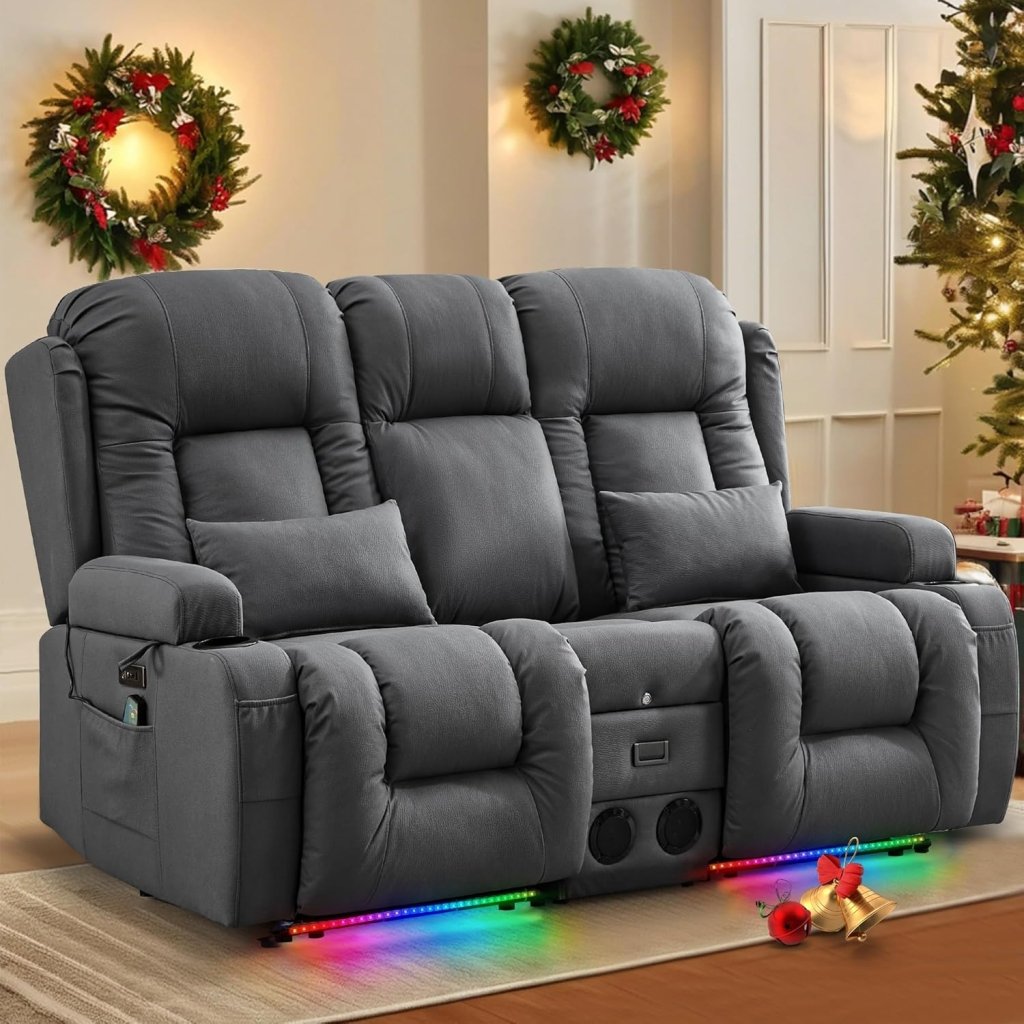 TUNYI Power Loveseat Recliner Sofa with Massage & Heat Home Theater Seating with Console Electric Recliner RV Sofa with USB/Outlet/Storage/Side Pocket/LED Light/Speaker (Brown, Loveseat) - Wigtrends