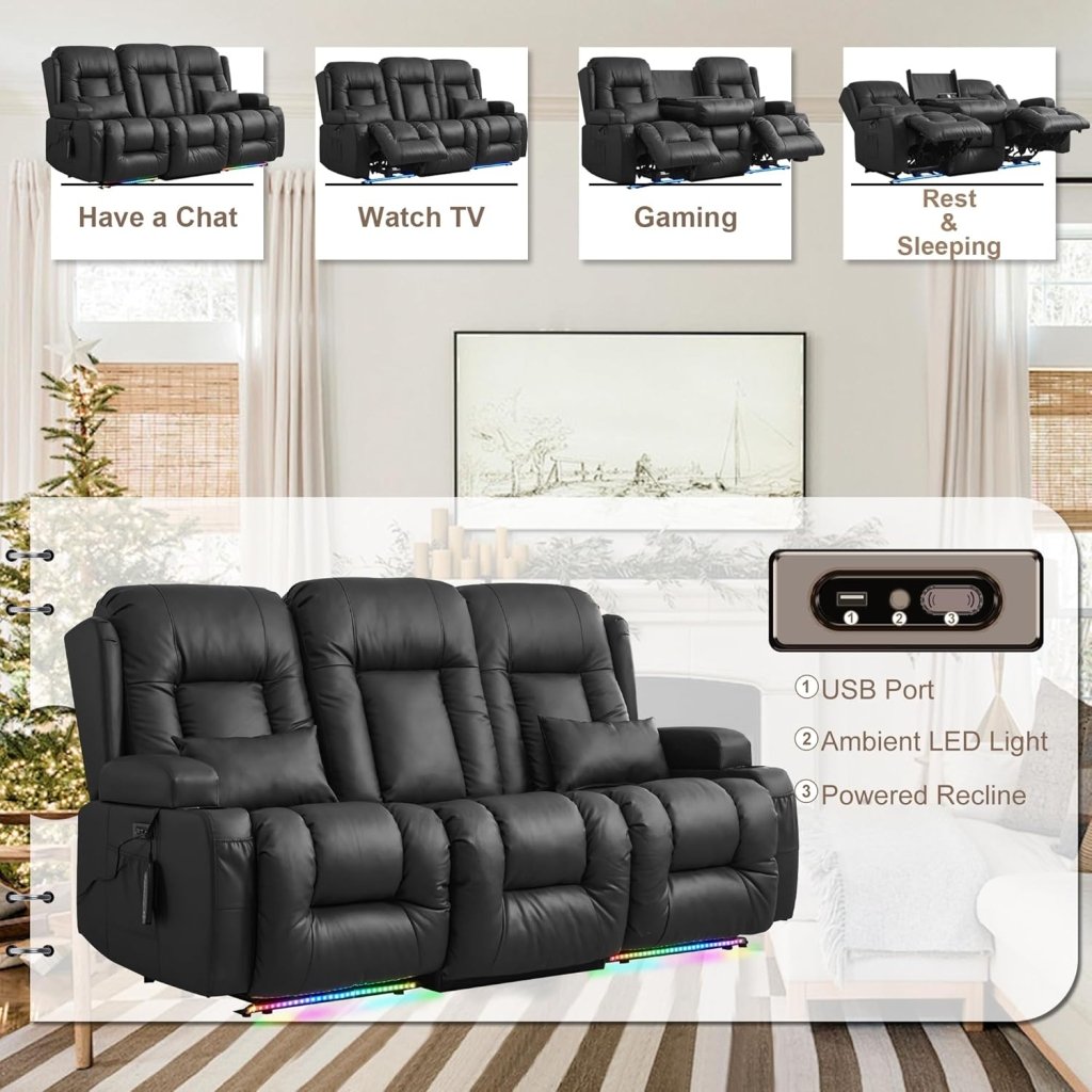 TUNYI Power Loveseat Recliner Sofa with Massage & Heat Home Theater Seating with Console Electric Recliner RV Sofa with USB/Outlet/Storage/Side Pocket/LED Light/Speaker (Brown, Loveseat) - Wigtrends