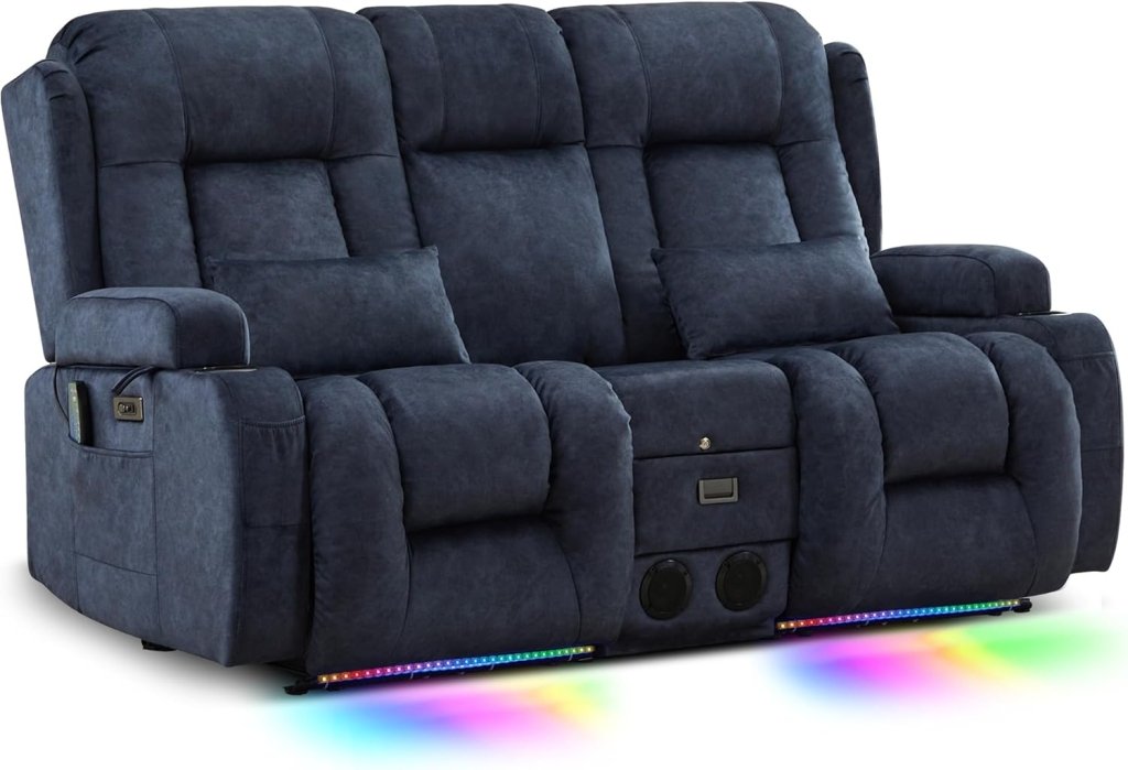 TUNYI Power Loveseat Recliner Sofa with Massage & Heat Home Theater Seating with Console Electric Recliner RV Sofa with USB/Outlet/Storage/Side Pocket/LED Light/Speaker (Brown, Loveseat) - Wigtrends