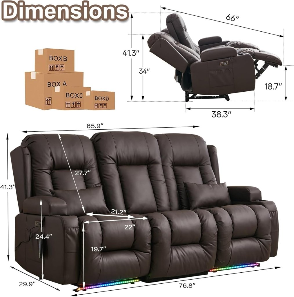 TUNYI Power Loveseat Recliner Sofa with Massage & Heat Home Theater Seating with Console Electric Recliner RV Sofa with USB/Outlet/Storage/Side Pocket/LED Light/Speaker (Brown, Loveseat) - Wigtrends