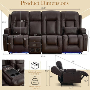 TUNYI Power Loveseat Recliner Sofa with Massage & Heat Home Theater Seating with Console Electric Recliner RV Sofa with USB/Outlet/Storage/Side Pocket/LED Light/Speaker (Brown, Loveseat) - Wigtrends