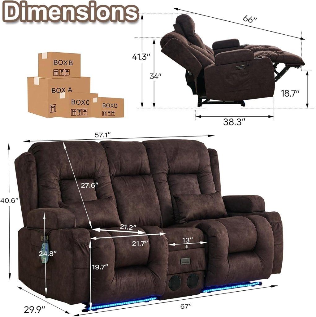 TUNYI Power Loveseat Recliner Sofa with Massage & Heat Home Theater Seating with Console Electric Recliner RV Sofa with USB/Outlet/Storage/Side Pocket/LED Light/Speaker (Brown, Loveseat) - Wigtrends