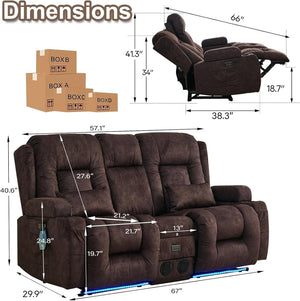 TUNYI Power Loveseat Recliner Sofa with Massage & Heat Home Theater Seating with Console Electric Recliner RV Sofa with USB/Outlet/Storage/Side Pocket/LED Light/Speaker (Brown, Loveseat) - Wigtrends