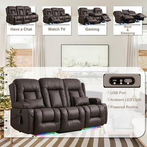 TUNYI Power Loveseat Recliner Sofa with Massage & Heat Home Theater Seating with Console Electric Recliner RV Sofa with USB/Outlet/Storage/Side Pocket/LED Light/Speaker (Brown, Loveseat) - Wigtrends