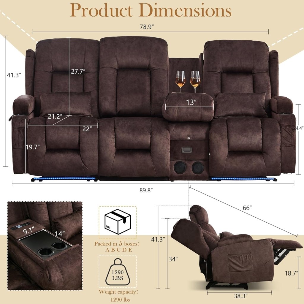 TUNYI Power Loveseat Recliner Sofa with Massage & Heat Home Theater Seating with Console Electric Recliner RV Sofa with USB/Outlet/Storage/Side Pocket/LED Light/Speaker (Brown, Loveseat) - Wigtrends