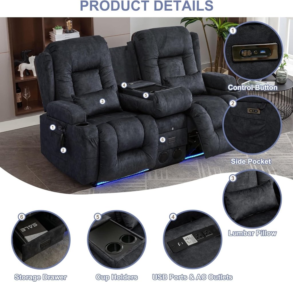TUNYI Power Loveseat Recliner Sofa with Massage & Heat Home Theater Seating with Console Electric Recliner RV Sofa with USB/Outlet/Storage/Side Pocket/LED Light/Speaker (Brown, Loveseat) - Wigtrends