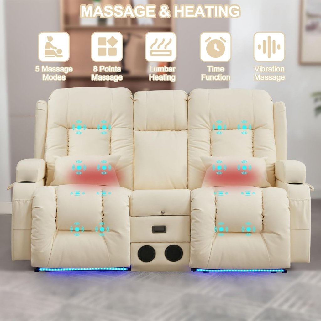 TUNYI Power Loveseat Recliner Sofa with Massage & Heat Home Theater Seating with Console Electric Recliner RV Sofa with USB/Outlet/Storage/Side Pocket/LED Light/Speaker (Brown, Loveseat) - Wigtrends