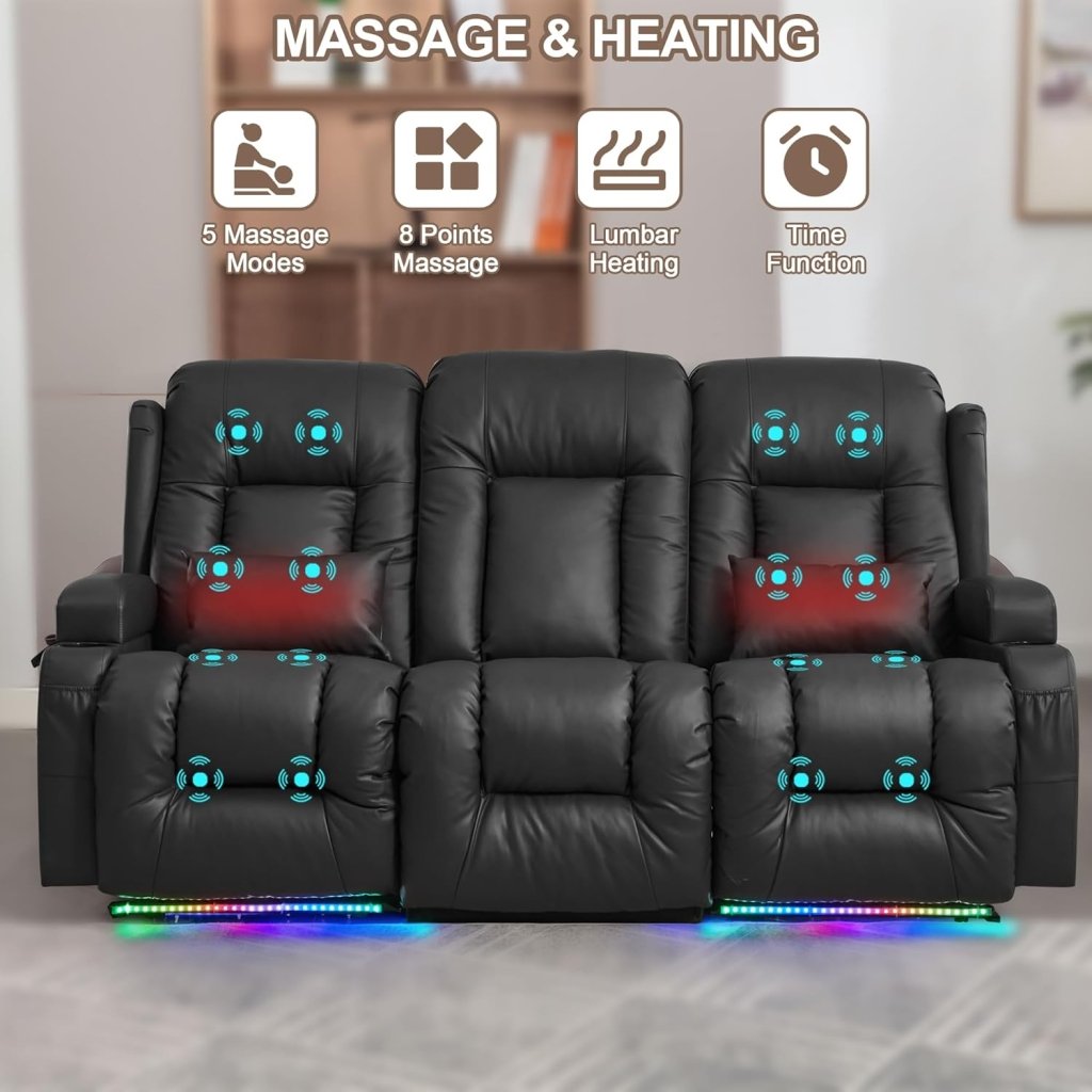 TUNYI Power Loveseat Recliner Sofa with Massage & Heat Home Theater Seating with Console Electric Recliner RV Sofa with USB/Outlet/Storage/Side Pocket/LED Light/Speaker (Brown, Loveseat) - Wigtrends