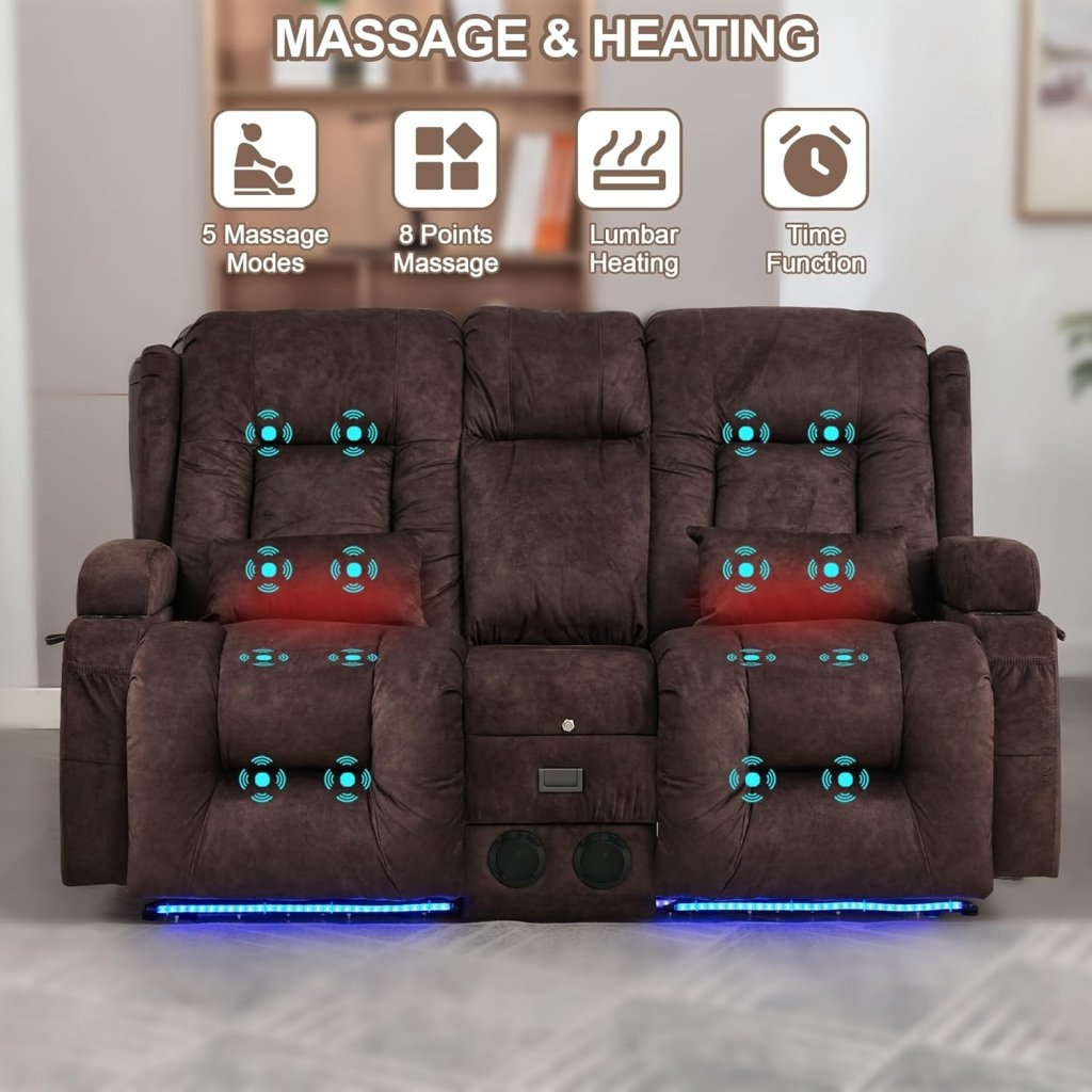 TUNYI Power Loveseat Recliner Sofa with Massage & Heat Home Theater Seating with Console Electric Recliner RV Sofa with USB/Outlet/Storage/Side Pocket/LED Light/Speaker (Brown, Loveseat) - Wigtrends