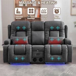 TUNYI Power Loveseat Recliner Sofa with Massage & Heat Home Theater Seating with Console Electric Recliner RV Sofa with USB/Outlet/Storage/Side Pocket/LED Light/Speaker (Brown, Loveseat) - Wigtrends