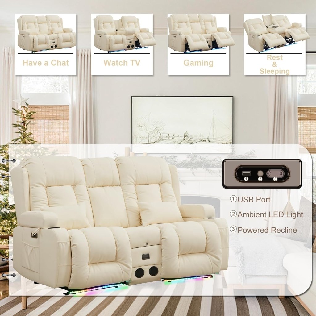 TUNYI Power Loveseat Recliner Sofa with Massage & Heat Home Theater Seating with Console Electric Recliner RV Sofa with USB/Outlet/Storage/Side Pocket/LED Light/Speaker (Brown, Loveseat) - Wigtrends