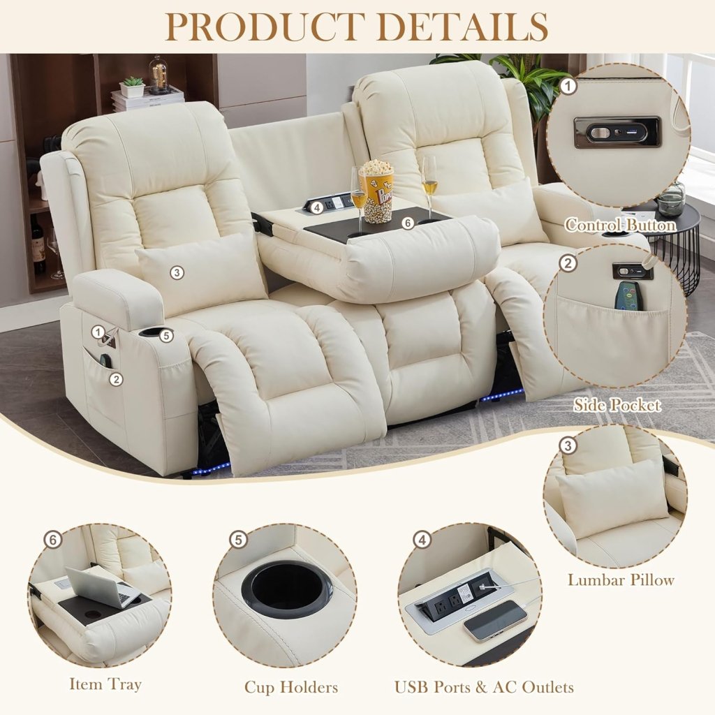 TUNYI Power Loveseat Recliner Sofa with Massage & Heat Home Theater Seating with Console Electric Recliner RV Sofa with USB/Outlet/Storage/Side Pocket/LED Light/Speaker (Brown, Loveseat) - Wigtrends