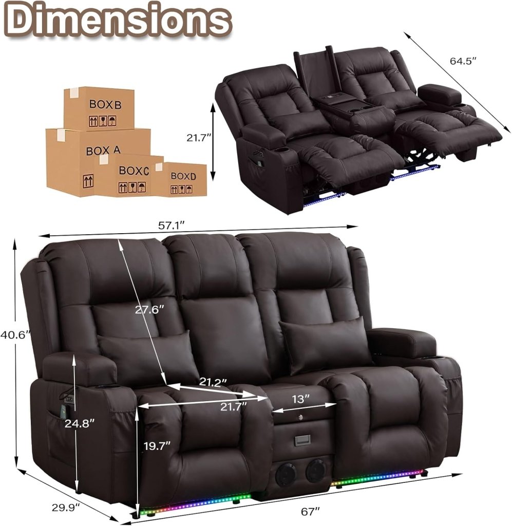 TUNYI Power Loveseat Recliner Sofa with Massage & Heat Home Theater Seating with Console Electric Recliner RV Sofa with USB/Outlet/Storage/Side Pocket/LED Light/Speaker (Brown, Loveseat) - Wigtrends