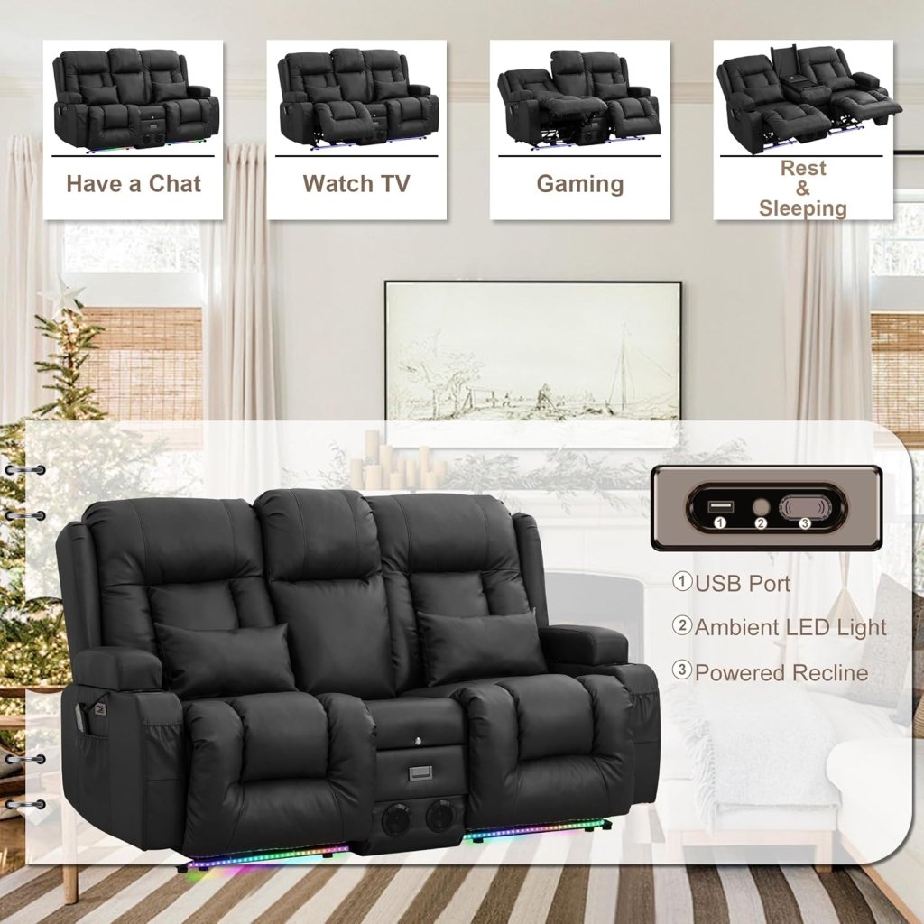 TUNYI Power Loveseat Recliner Sofa with Massage & Heat Home Theater Seating with Console Electric Recliner RV Sofa with USB/Outlet/Storage/Side Pocket/LED Light/Speaker (Brown, Loveseat) - Wigtrends
