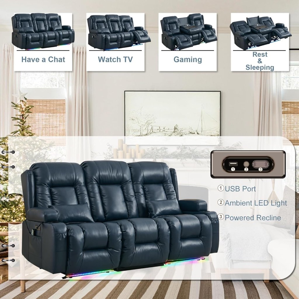 TUNYI Power Loveseat Recliner Sofa with Massage & Heat Home Theater Seating with Console Electric Recliner RV Sofa with USB/Outlet/Storage/Side Pocket/LED Light/Speaker (Brown, Loveseat) - Wigtrends