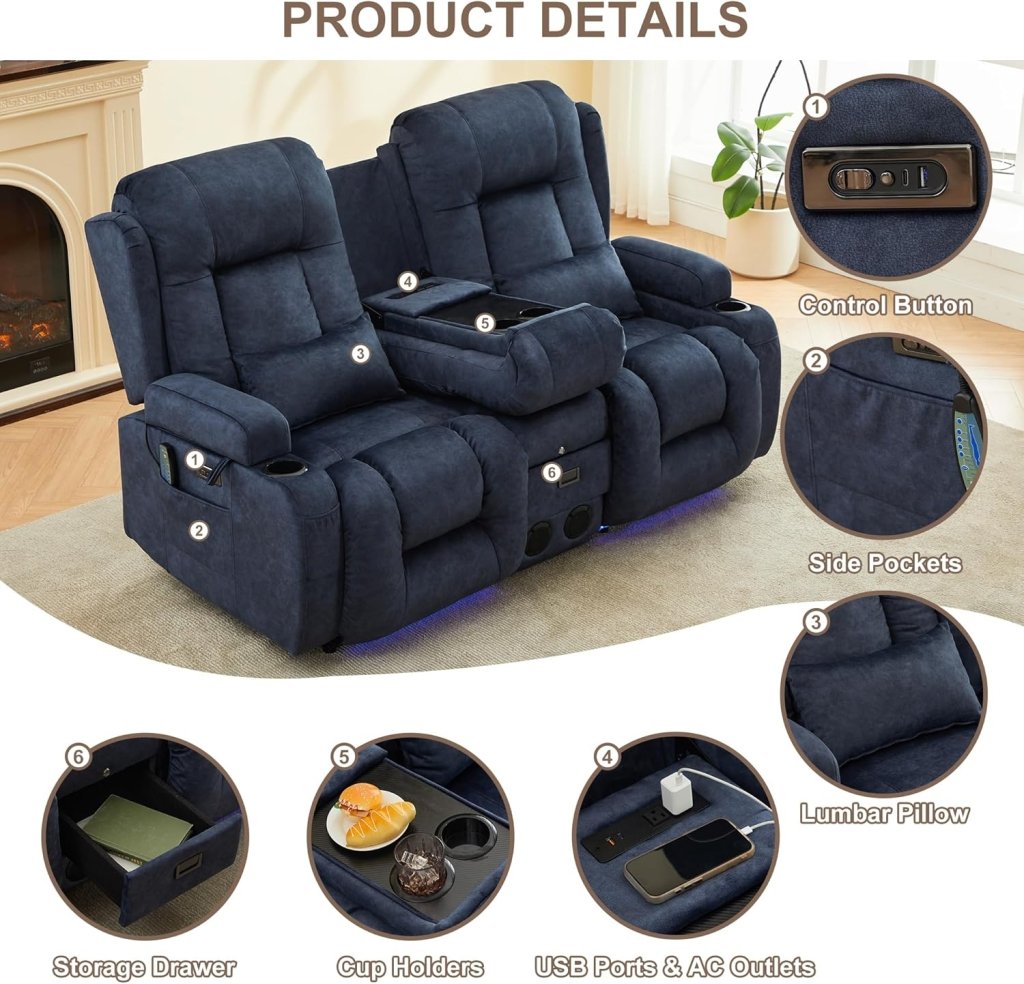 TUNYI Power Loveseat Recliner Sofa with Massage & Heat Home Theater Seating with Console Electric Recliner RV Sofa with USB/Outlet/Storage/Side Pocket/LED Light/Speaker (Brown, Loveseat) - Wigtrends