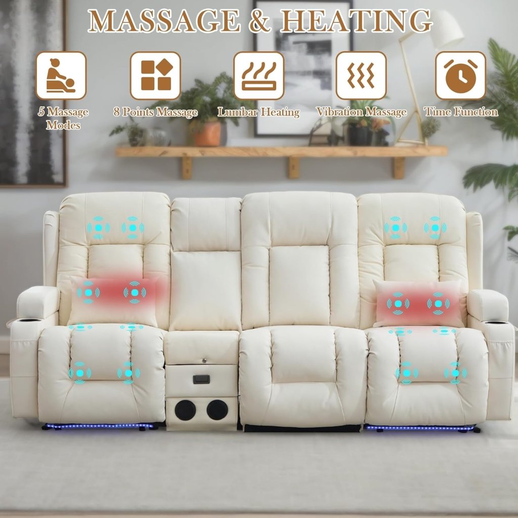 TUNYI Power Loveseat Recliner Sofa with Massage & Heat Home Theater Seating with Console Electric Recliner RV Sofa with USB/Outlet/Storage/Side Pocket/LED Light/Speaker (Brown, Loveseat) - Wigtrends