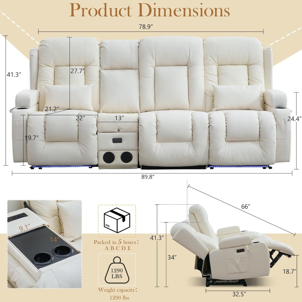 TUNYI Power Loveseat Recliner Sofa with Massage & Heat Home Theater Seating with Console Electric Recliner RV Sofa with USB/Outlet/Storage/Side Pocket/LED Light/Speaker (Brown, Loveseat) - Wigtrends