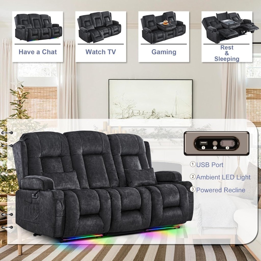 TUNYI Power Loveseat Recliner Sofa with Massage & Heat Home Theater Seating with Console Electric Recliner RV Sofa with USB/Outlet/Storage/Side Pocket/LED Light/Speaker (Brown, Loveseat) - Wigtrends