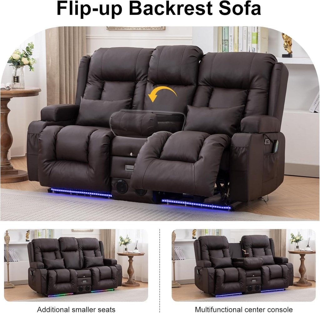 TUNYI Power Loveseat Recliner Sofa with Massage & Heat Home Theater Seating with Console Electric Recliner RV Sofa with USB/Outlet/Storage/Side Pocket/LED Light/Speaker (Brown, Loveseat) - Wigtrends