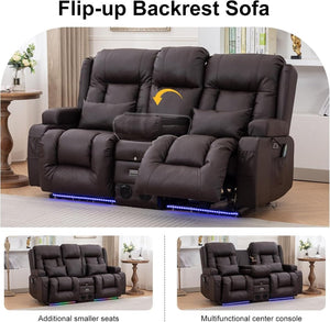 TUNYI Power Loveseat Recliner Sofa with Massage & Heat Home Theater Seating with Console Electric Recliner RV Sofa with USB/Outlet/Storage/Side Pocket/LED Light/Speaker (Brown, Loveseat) - Wigtrends