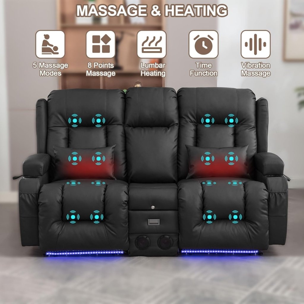 TUNYI Power Loveseat Recliner Sofa with Massage & Heat Home Theater Seating with Console Electric Recliner RV Sofa with USB/Outlet/Storage/Side Pocket/LED Light/Speaker (Brown, Loveseat) - Wigtrends