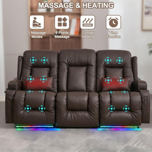TUNYI Power Loveseat Recliner Sofa with Massage & Heat Home Theater Seating with Console Electric Recliner RV Sofa with USB/Outlet/Storage/Side Pocket/LED Light/Speaker (Brown, Loveseat) - Wigtrends