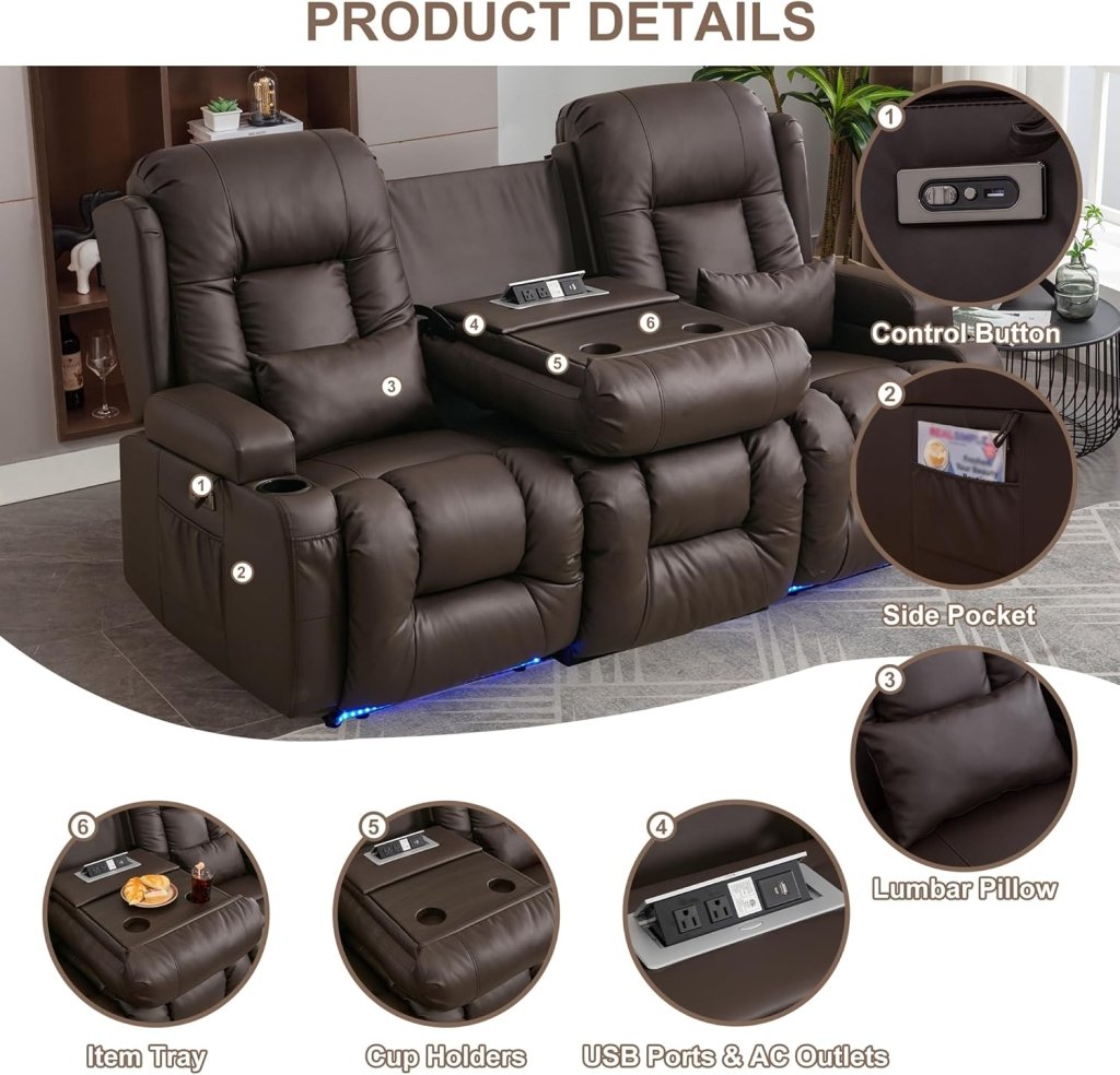 TUNYI Power Loveseat Recliner Sofa with Massage & Heat Home Theater Seating with Console Electric Recliner RV Sofa with USB/Outlet/Storage/Side Pocket/LED Light/Speaker (Brown, Loveseat) - Wigtrends
