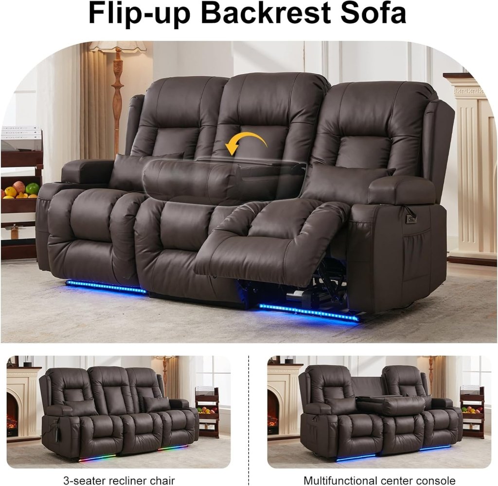 TUNYI Power Loveseat Recliner Sofa with Massage & Heat Home Theater Seating with Console Electric Recliner RV Sofa with USB/Outlet/Storage/Side Pocket/LED Light/Speaker (Brown, Loveseat) - Wigtrends