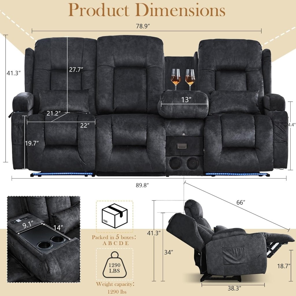 TUNYI Power Loveseat Recliner Sofa with Massage & Heat Home Theater Seating with Console Electric Recliner RV Sofa with USB/Outlet/Storage/Side Pocket/LED Light/Speaker (Brown, Loveseat) - Wigtrends